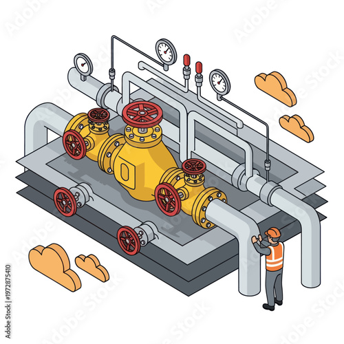 Industrial pipeline system with valves and gauges, worker inspecting infrastructure.