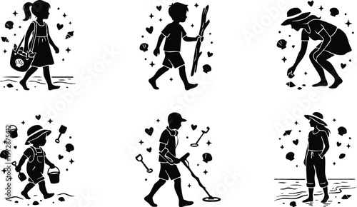 Black and white beach children collecting shells and walking with pails scattered star hearts