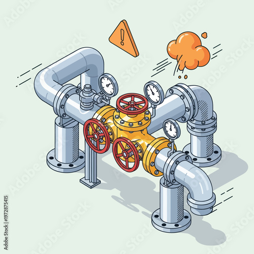 Industrial pipeline system with valves and pressure gauges, isometric vector illustration.