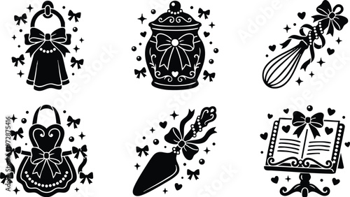 Kitchen towel jar whisk apron cake server and cookbook with bows and hearts