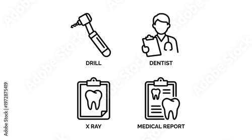 Dental care icons set, dentist tools, medical report, black and white EPS