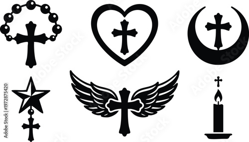 Black and white cross icons with rosary heart wings star and candle symbols