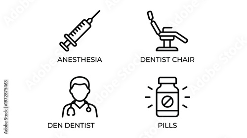Dentist office medical icons set, anesthesia syringe, dentist chair, pills, doctor
