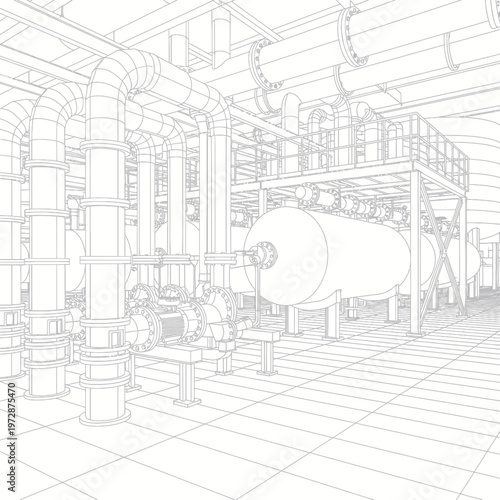 Industrial plant interior with complex piping and machinery in wireframe.
