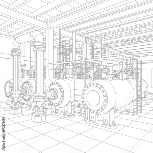 Industrial Plant Interior with Detailed Machinery and Piping System Blueprint.