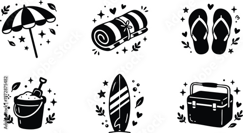 Black and white summer beach icons umbrella mat flip flops bucket cooler surfboard