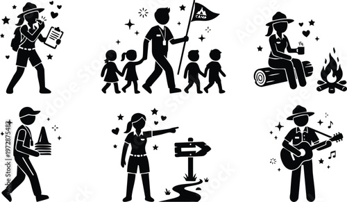 Black and white camp counselor with kids hiking camping activities silhouette vector art