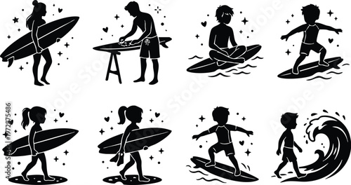 Black and white silhouette children surfing and preparing surfboards vector art