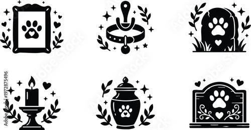 Black and white pet memorial icons with paw prints and hearts