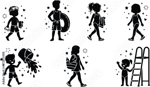 Black and white vector art children in swimsuits with pool accessories and water play