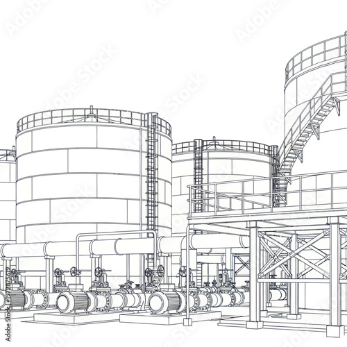 Industrial storage tanks and pipelines sketch drawing.