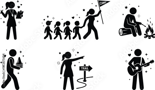 Black and white vector art kids camp leader with flag pointing and campfire musician