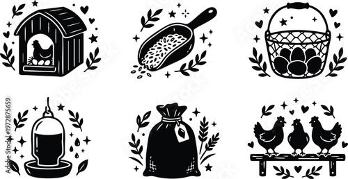 Black and white farm chicken henhouse eggs basket feed scoop sack and feeder icons