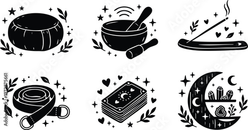Black and white mystical icons with singing bowl tarot cards and crystals