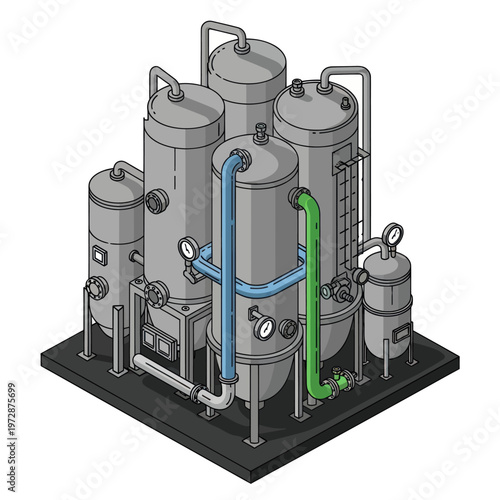 Industrial Water Treatment System with Multiple Tanks and Piping.
