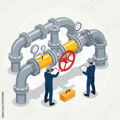 Industrial workers maintaining a complex pipeline system with valves and gauges.