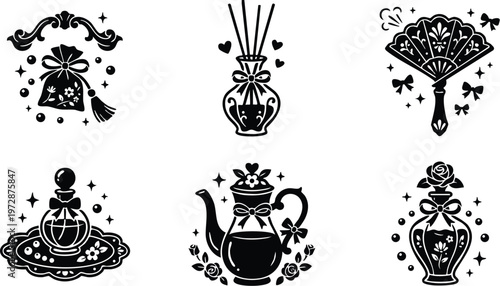 Ornate perfume bottles fan and diffuser with bows