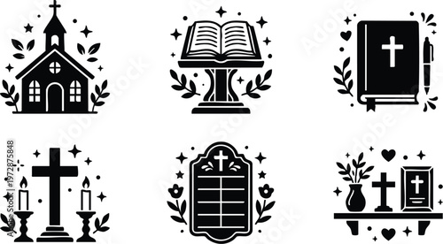 Black and white religious icons set with cross candles bible and church building