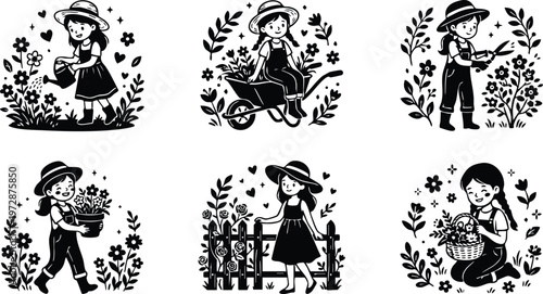 Black and white line art girls gardening watering flowers carrying basket and pruning plants