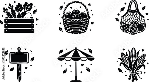 Black and white icons of vegetable crate tomato basket string bag market sign umbrella and corn bundle