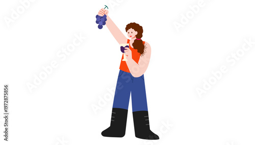 Vineyard Harvest Celebration: An animated figure, radiating expertise, holds up a bunch of freshly picked grapes, as a symbol of the vineyard harvest celebration.