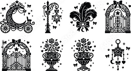 Black and white ornate moon carriage gate floral bouquet vector art set
