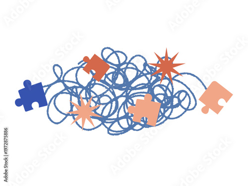 Unraveling Complexity: Conceptual artwork illustrating the intricate process of solving problems, featuring tangled threads, puzzle pieces, and bursts of insight.