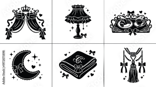 Black and white vintage curtain crown lamp moon breakfast towel tassel vector art