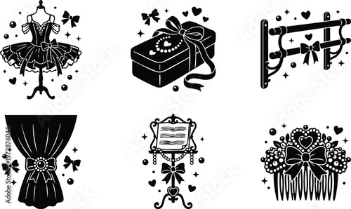 Black and white ballet tutu gift box and barre with decorative bows vector line art