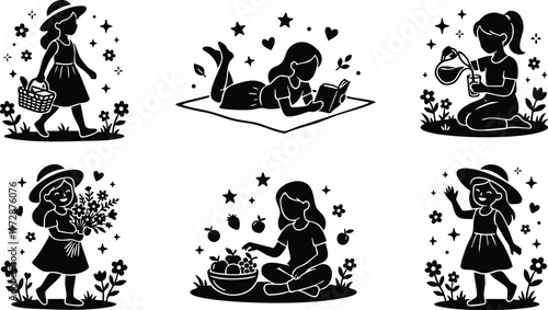 Girls harvesting flowers reading and drinking juice outdoors