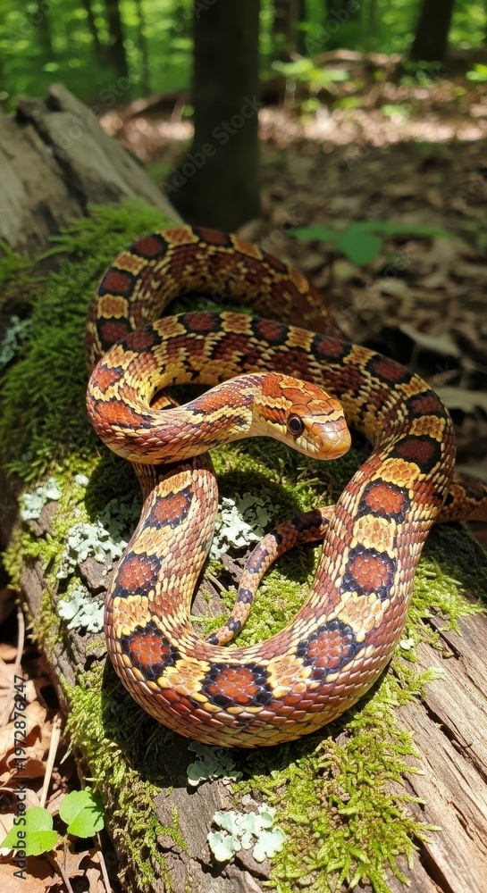 Fototapeta premium Eastern Milk Snake Coiled on Mossy Log in Forest Sunlight.