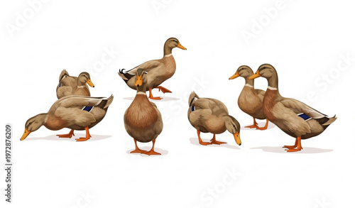 Khaki Campbell ducks vector illustration in free range farming system isolated on white background