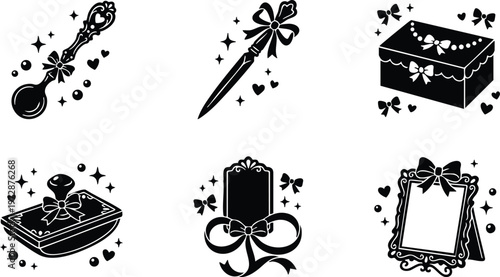 Black and white decorative spoon letter opener jewelry box stamp and picture frame vector art