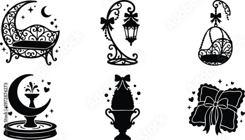 Black and white ornamental crescent moon bench lantern planter and pillows vector art