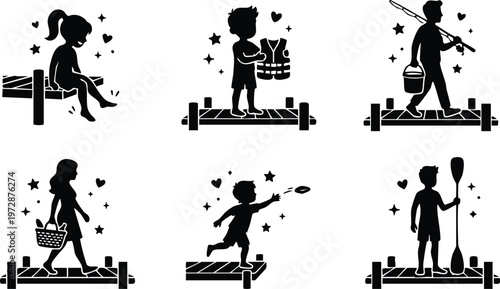 Kids fishing and playing on dock silhouettes