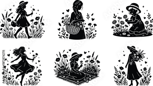 Black and white silhouettes of girls with flowers in different poses and hats