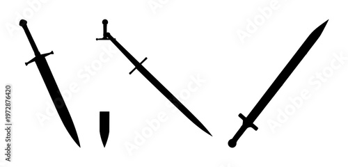 Sword set with black silhouette against white background featuring blade, weapon, medieval combat with black and metal illustration