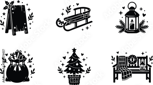 Black and white christmas lantern sled tree and gift sack icons with holly and stars