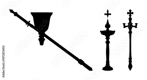 Scepter set with black silhouette on white background featuring monarchy, regalia, royal symbol with black silhouette and white background