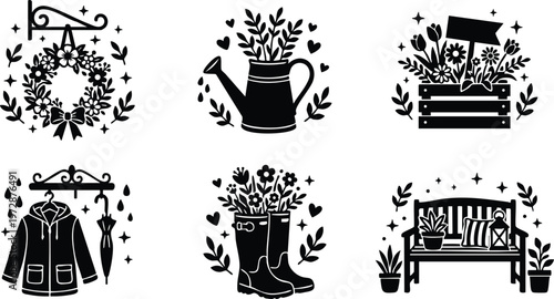 Black and white floral wreath watering can raincoat boots and garden bench vector art