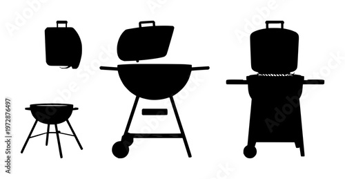 Barbecue grill set with black silhouette on crisp white background featuring grill, cooking, outdoor cuisine with heat and flame