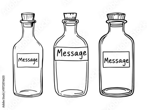 Bottle set with black line art illustration of glass message bottle with cork against white background featuring glassware, illustration, vector with line art and minimalist