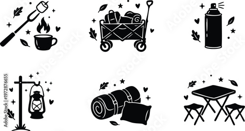 Black and white camping icons with marshmallow cup wagon lantern sleeping bag and table