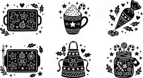 Black and white christmas baking tray cup apron and candy jar with festive decorations vector art