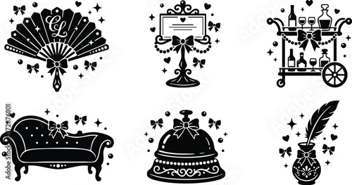 Black elegant vintage fan initials cl with ornate bows and stars vector art