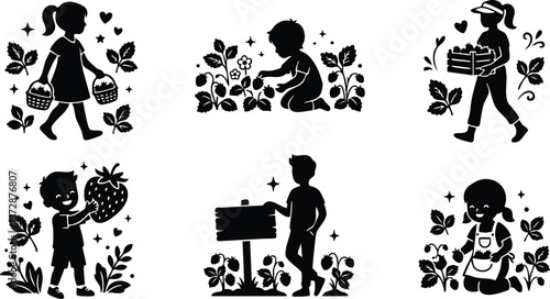 Black and white vector art children picking strawberries and carrying baskets in garden