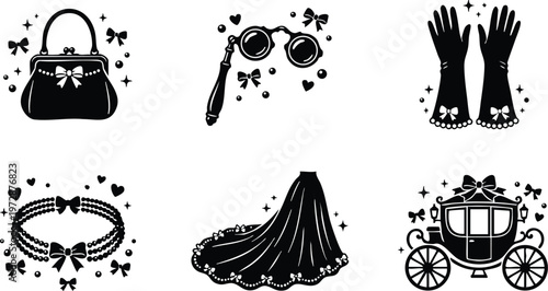 Black and white vintage style purse gloves necklace skirt and carriage vector art