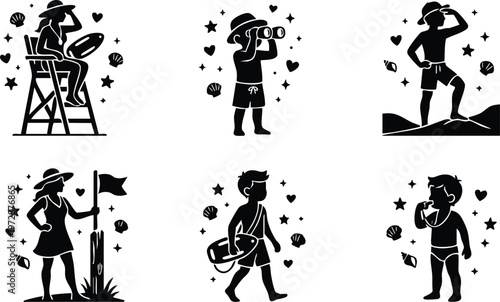 Black silhouette lifeguard and beach children set with shells stars and hearts