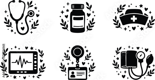 Black and white medical icons stethoscope pill bottle nurse cap heart monitor id badge blood pressure cuff