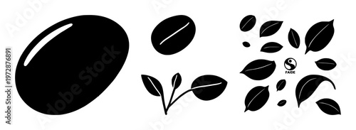 Fair trade coffee bean icon set with solid black silhouette on white background featuring icon, coffee bean, fair trade symbol with minimal line art and flat color